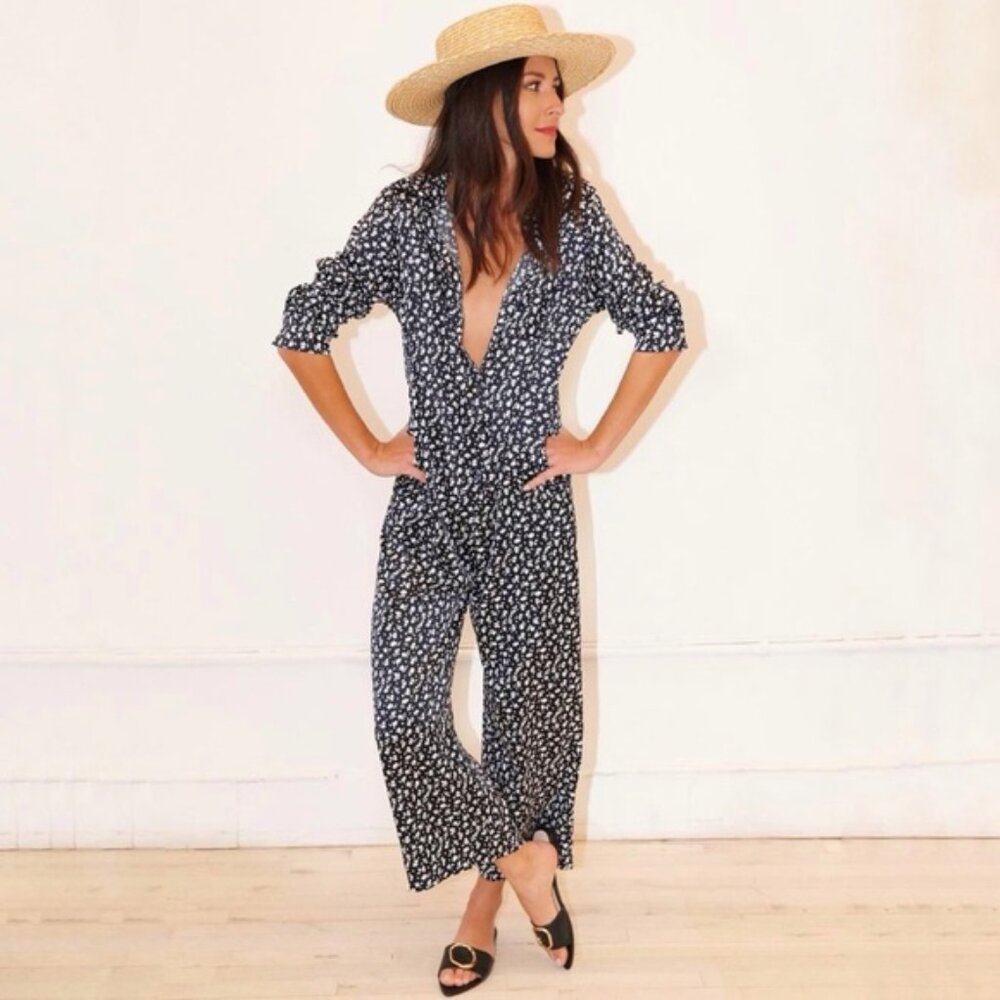 Something Navy Silky Floral Collared Button Front Sleep Jumpsuit Size XS